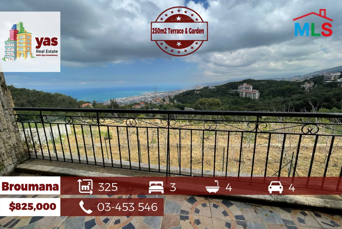 Broumana 325m2 | 250m2 Terrace/Garden | Mint Condition | Sea View |TCH
